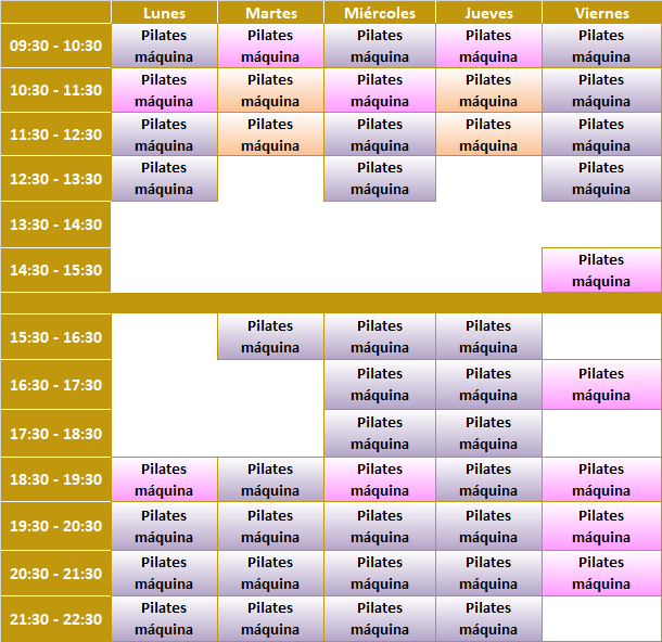 Tabla de horarios de las actividades realizadas en Salud para Todos Parla