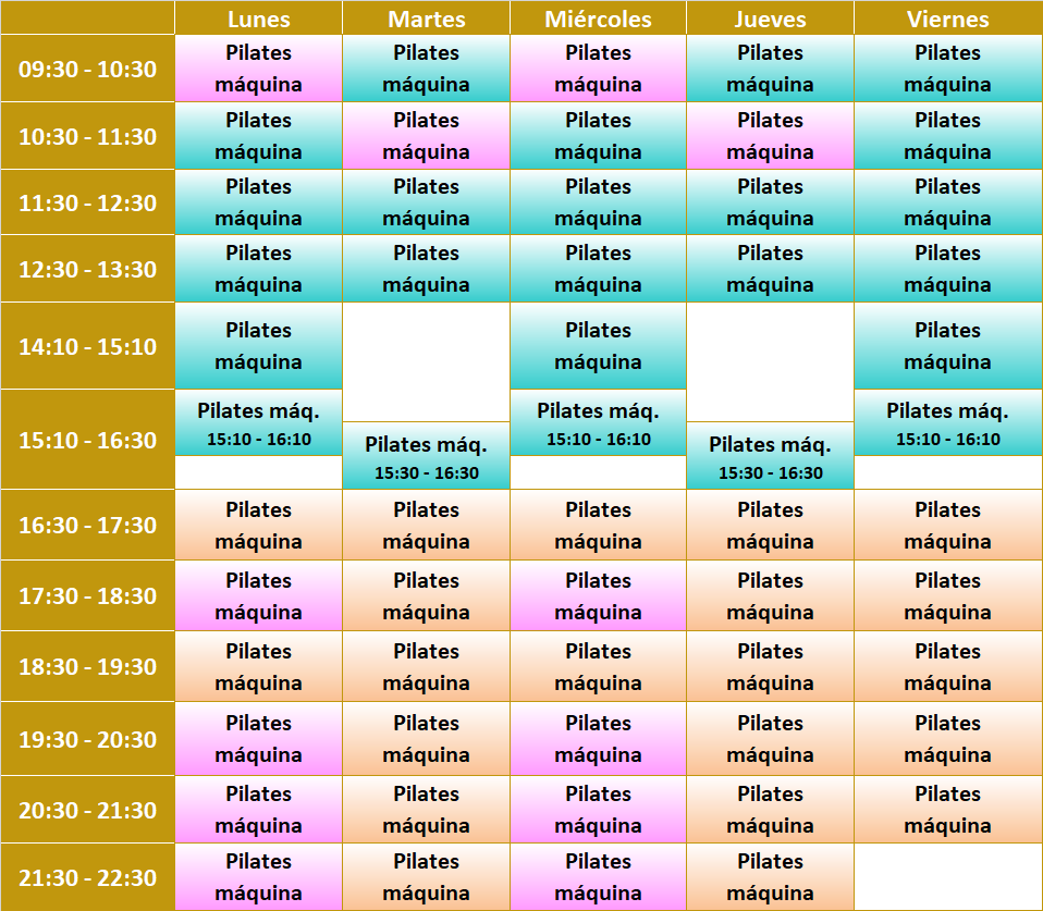 Tabla de horarios de Pilates mquina en Salud para Todos Parla