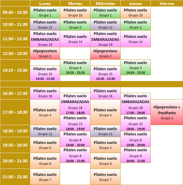 Tabla de horarios de las actividades realizadas en Salud para Todos Parla